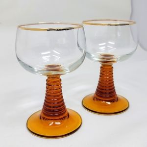 French Amber Beehive Stem Glasses Gilt Gold Rim Set Of 2